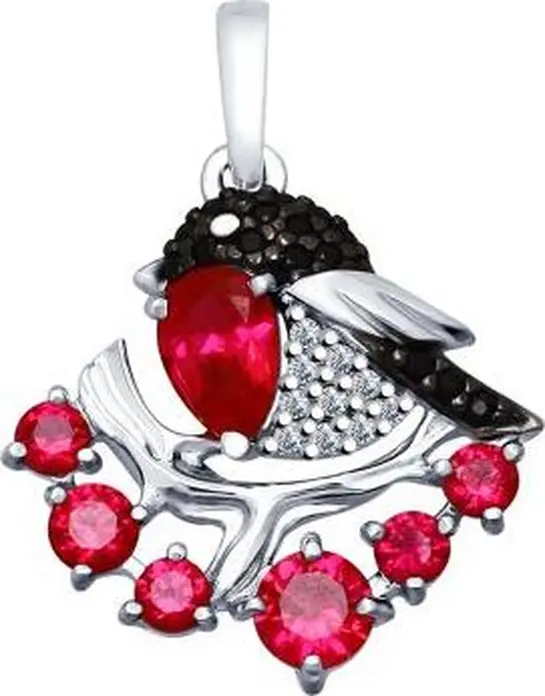 Sokolov Bullfinch Pendant 94031982, 925 Sterling Silver Rhodium Plated Jewelry with Cubic Zirconia and Corundum Stones, Pear and Round Cut, 1.9g