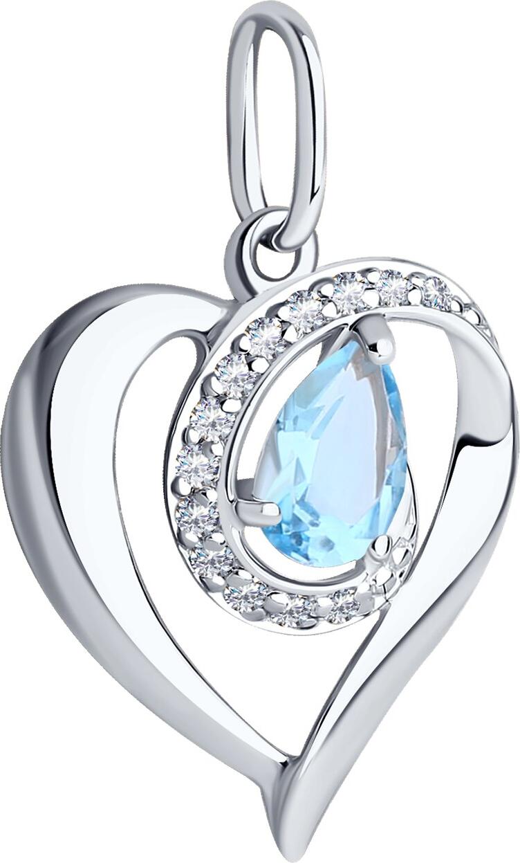 Pandantiv SOKOLOV 731484-3 pentru femei, formă de inimă, Aur Alb 585 placat cu Rodiu, Topaz tăietură pear și halo de Zirconiu Cubic, 0.111 ct, 0.94 g