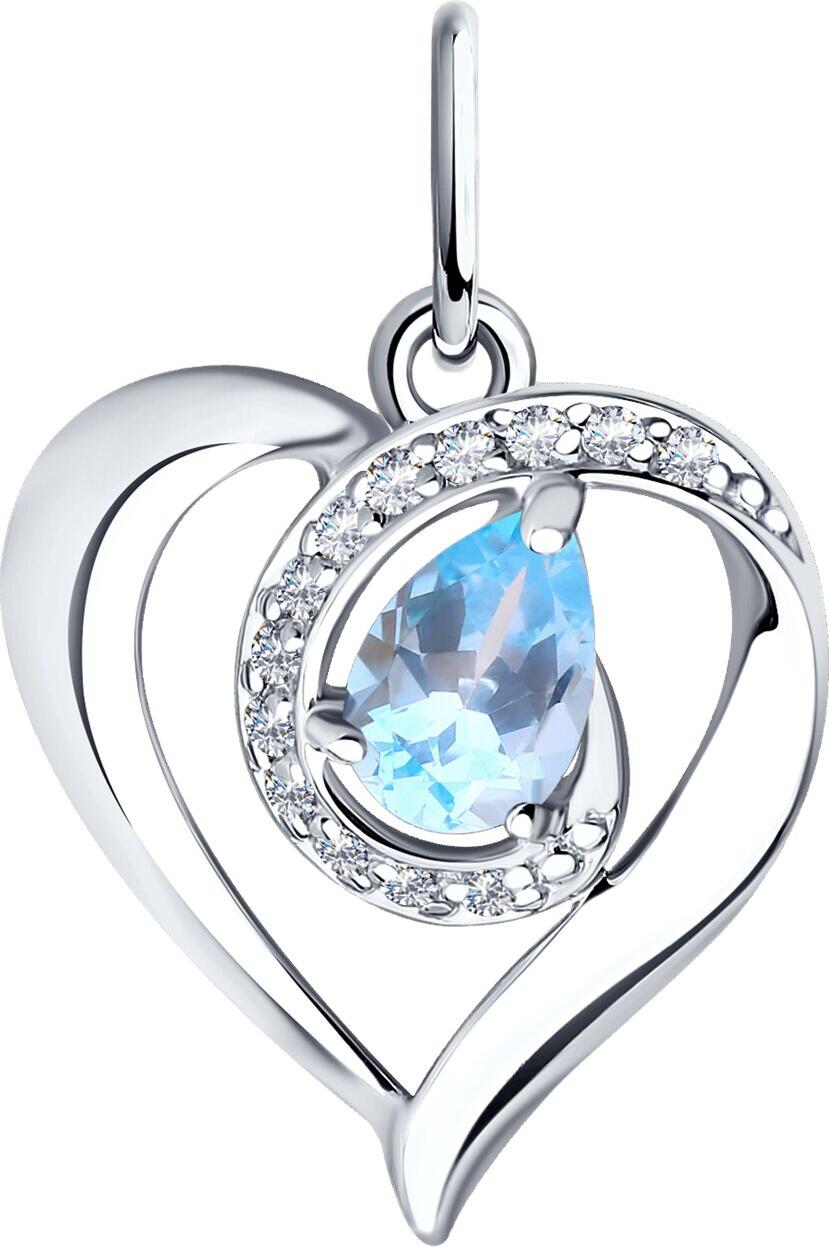 Pandantiv SOKOLOV 731484-3 pentru femei, formă de inimă, Aur Alb 585 placat cu Rodiu, Topaz tăietură pear și halo de Zirconiu Cubic, 0.111 ct, 0.94 g
