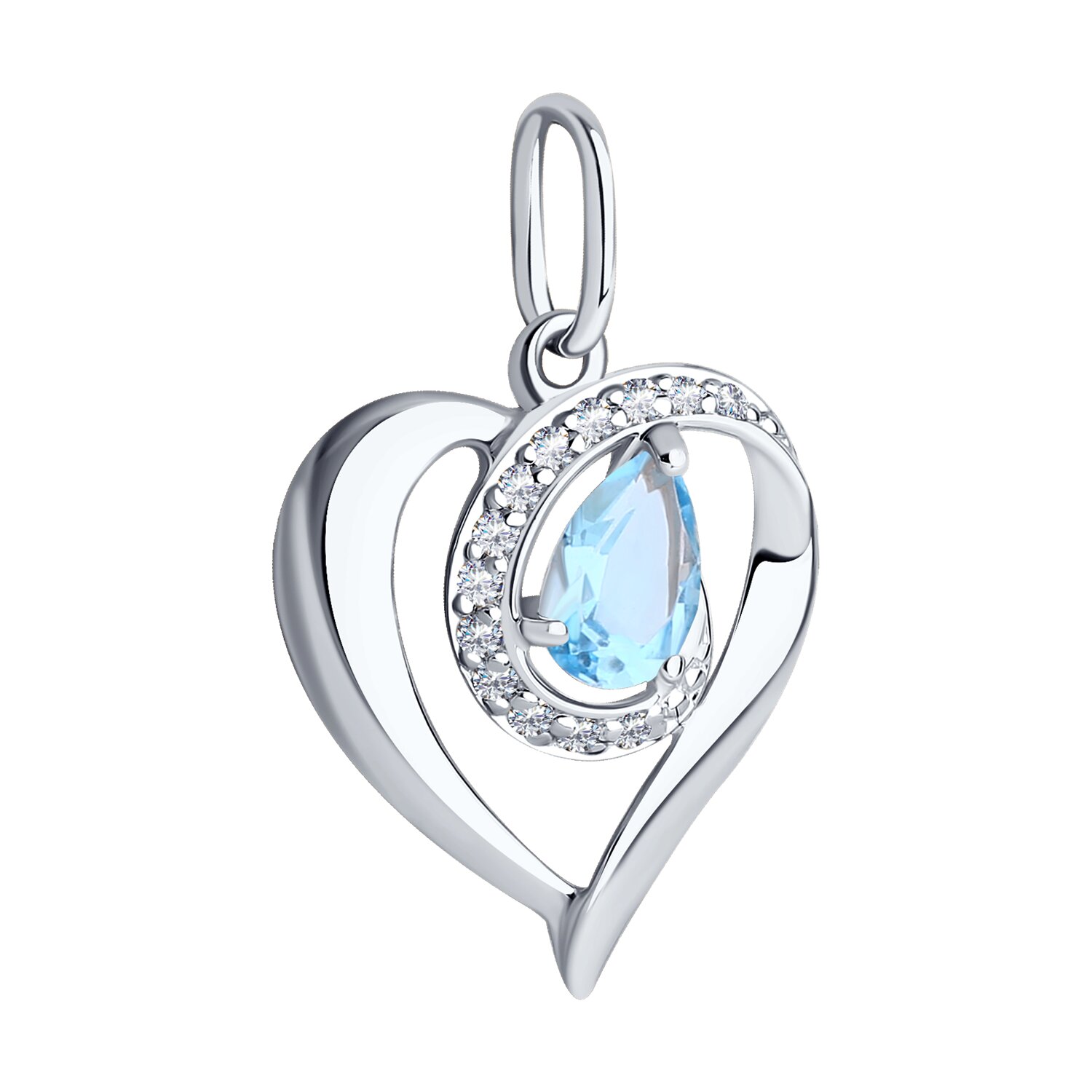 Pandantiv SOKOLOV 731484-3 pentru femei, formă de inimă, Aur Alb 585 placat cu Rodiu, Topaz tăietură pear și halo de Zirconiu Cubic, 0.111 ct, 0.94 g