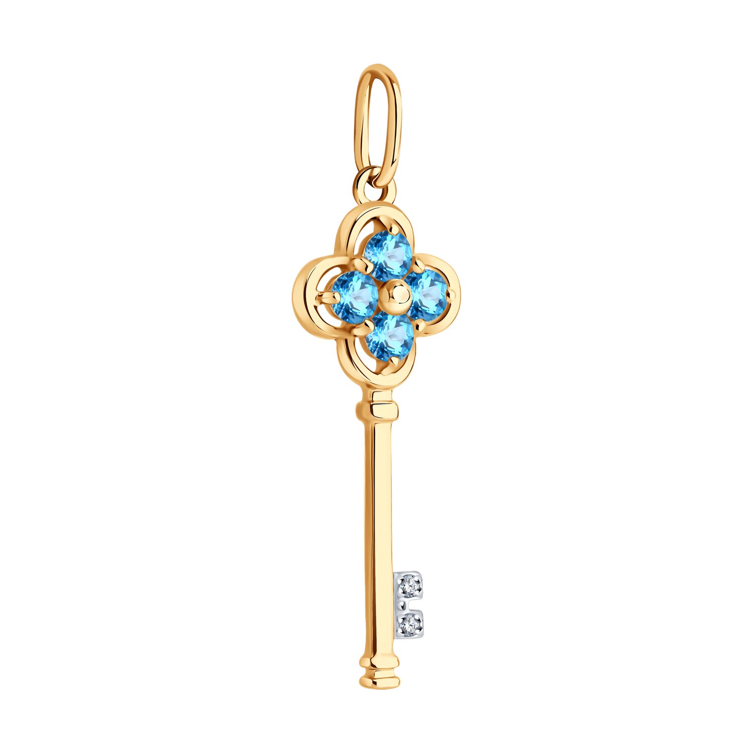 Pandantiv SOKOLOV 732947 Forma Cheie pentru Femei, Aur Roșu 585 cu Placare Rodiu, Topaz London și Zirconiu Cubic, 31x9x4 mm, 0.95g