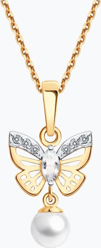 Pandantiv SOKOLOV 793178 pentru femei, formă de fluture cu picătură de perlă, Aur roșu 585, Zirconiu cubic incolore, 18x10x3 mm
