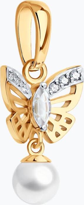 Pandantiv SOKOLOV 793178 pentru femei, formă de fluture cu picătură de perlă, Aur roșu 585, Zirconiu cubic incolore, 18x10x3 mm