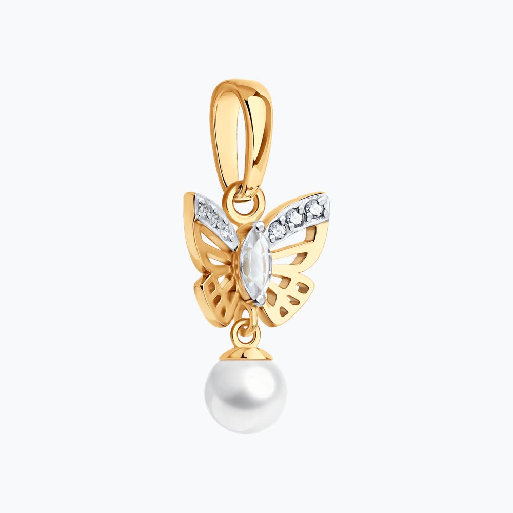 Pandantiv SOKOLOV 793178 pentru femei, formă de fluture cu picătură de perlă, Aur roșu 585, Zirconiu cubic incolore, 18x10x3 mm