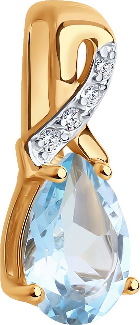SOKOLOV 732808 Women's Pendant in Red Gold 585 with Octagon Blue Topaz 1.16 ct (6x6 mm), Weight 0.6 g, Dimensions 4x7x14 mm
