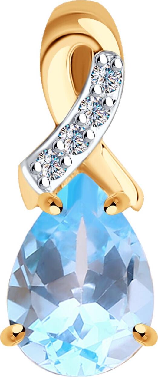 SOKOLOV 732808 Women's Pendant in Red Gold 585 with Octagon Blue Topaz 1.16 ct (6x6 mm), Weight 0.6 g, Dimensions 4x7x14 mm