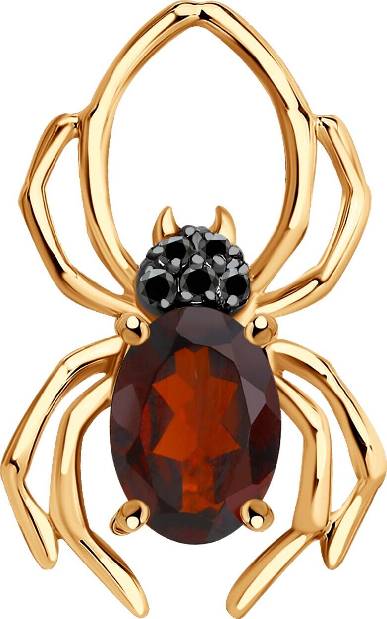 Pandantiv femei SOKOLOV 732364 formă păianjen, aur roșu 585 cu granat și zirconiu cubic negru, placare rodiu, 18x11x4 mm