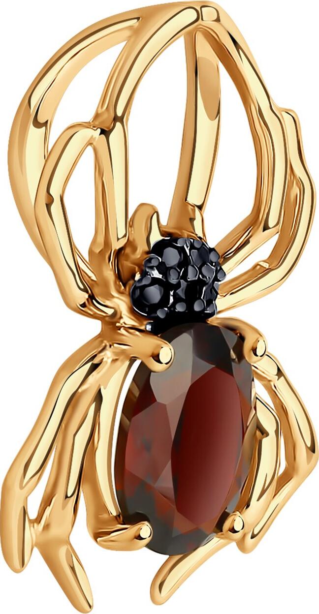 Pandantiv femei SOKOLOV 732364 formă păianjen, aur roșu 585 cu granat și zirconiu cubic negru, placare rodiu, 18x11x4 mm