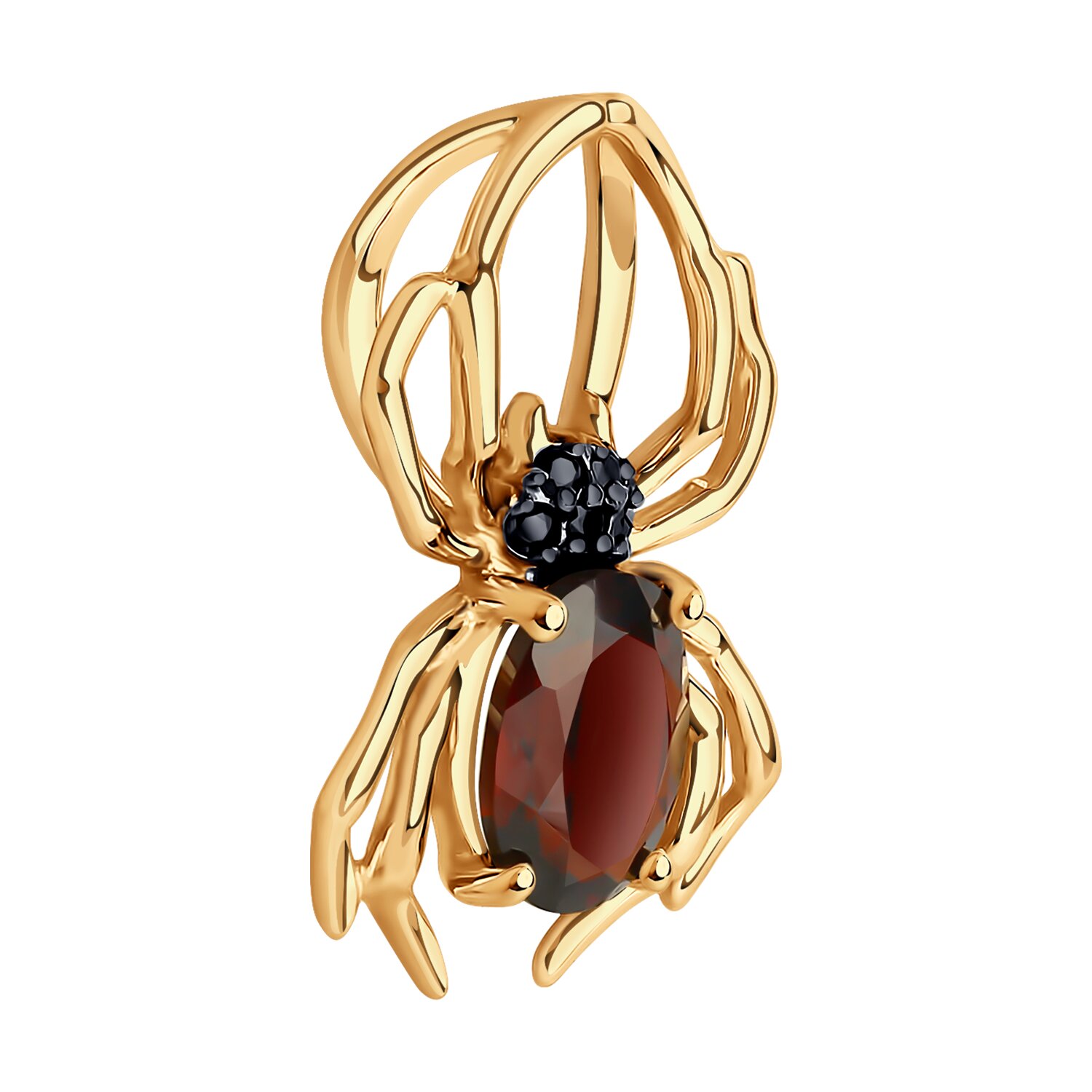 Pandantiv femei SOKOLOV 732364 formă păianjen, aur roșu 585 cu granat și zirconiu cubic negru, placare rodiu, 18x11x4 mm