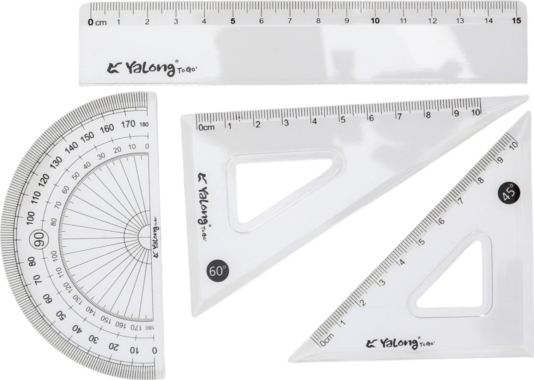 Set Instrumente Geometrice Yalong 4 Piese - Riglă Dreaptă 15 cm, Transportor 180 Grade, 2 Echeruri - Plastic Transparent pentru Școală și Desen