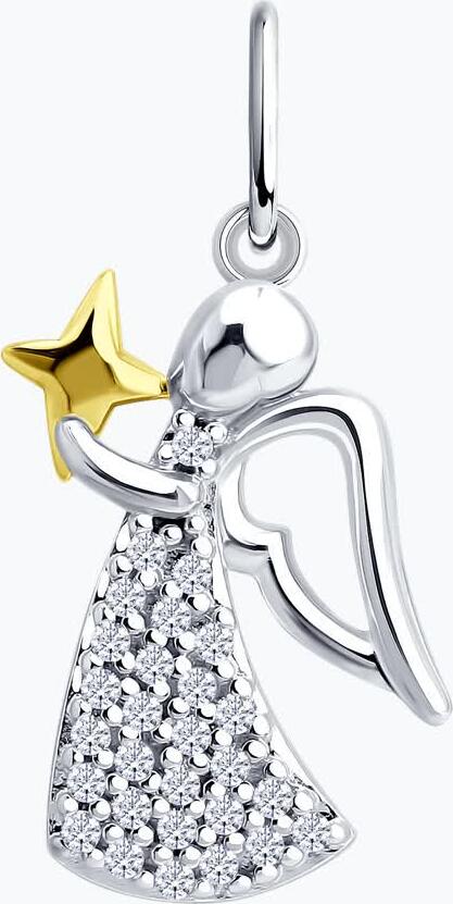 Pandantiv Diamant Colecția Present Angel cu Stea 94-130-00116-1, Argint 925 Placare Rodiu și Aur, Zirconiu Cubic 0.252 ct, 23x10 mm, Bijuterie pentru Femei