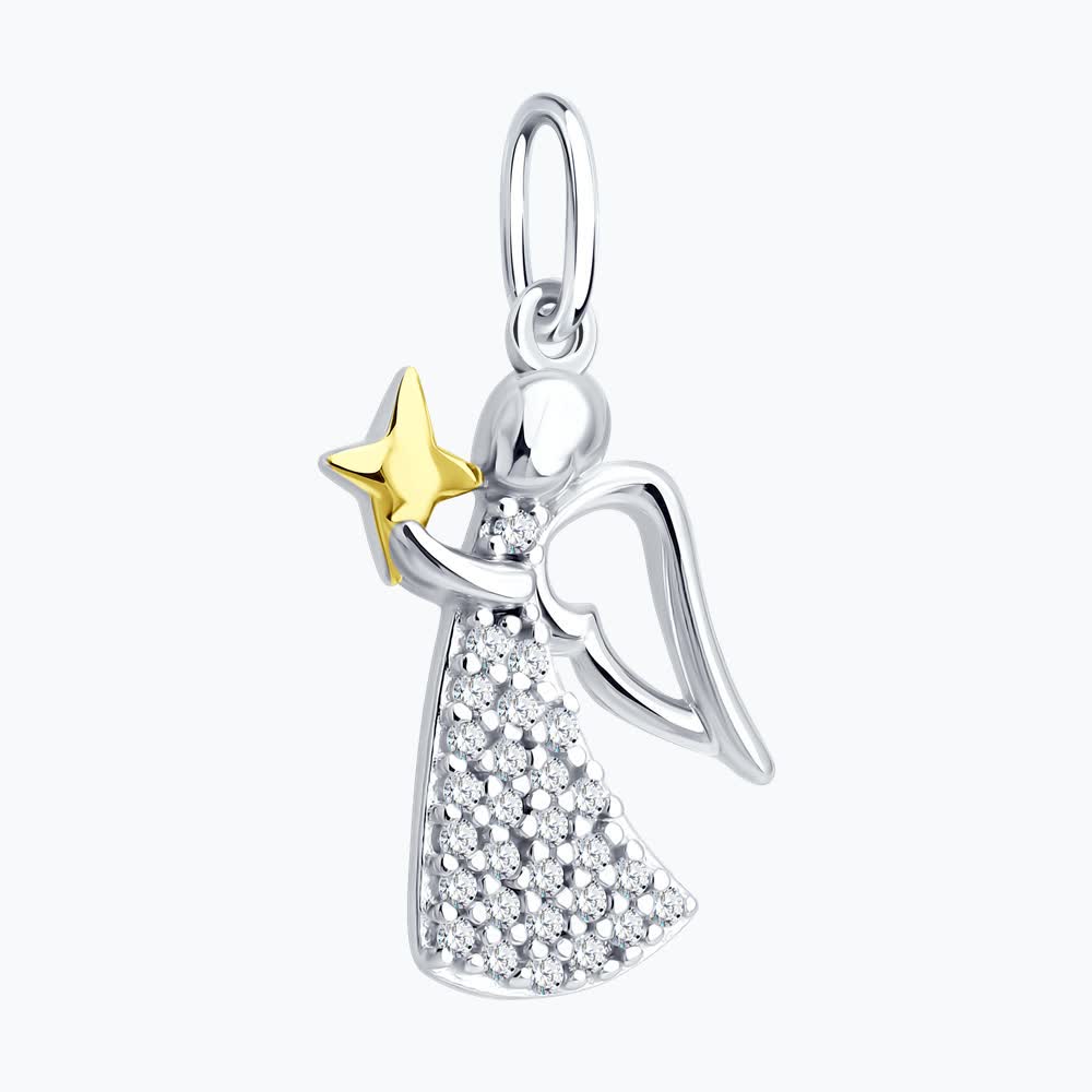 Pandantiv Diamant Colecția Present Angel cu Stea 94-130-00116-1, Argint 925 Placare Rodiu și Aur, Zirconiu Cubic 0.252 ct, 23x10 mm, Bijuterie pentru Femei