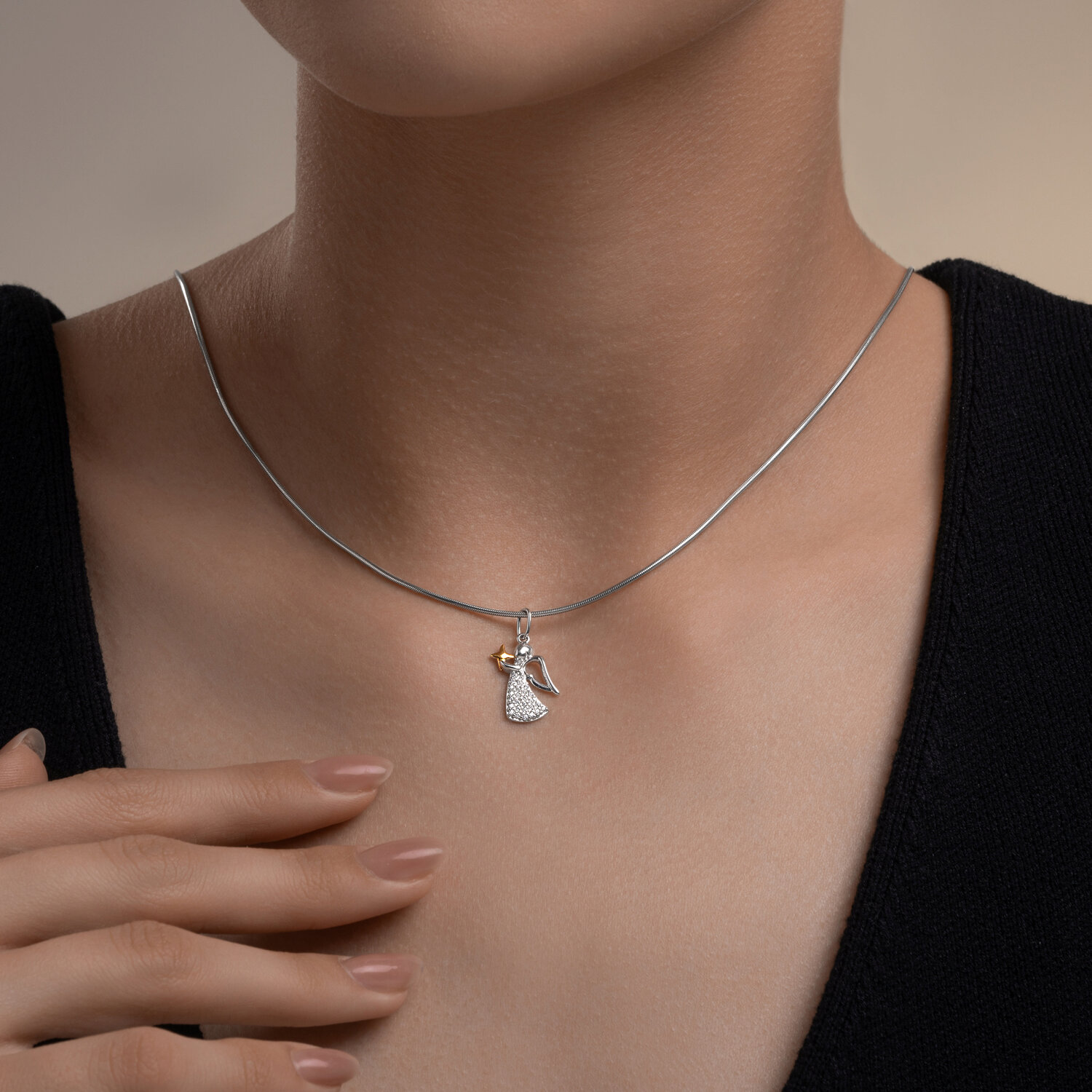 Pandantiv Diamant Colecția Present Angel cu Stea 94-130-00116-1, Argint 925 Placare Rodiu și Aur, Zirconiu Cubic 0.252 ct, 23x10 mm, Bijuterie pentru Femei