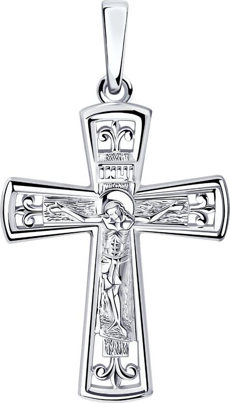 Sokolov 94-131-00822-1 Women's Religious Cross Pendant, 925 Sterling Silver with Rhodium Coating, Embossed Imagery Design, 30x16x4 mm, 2.12 g