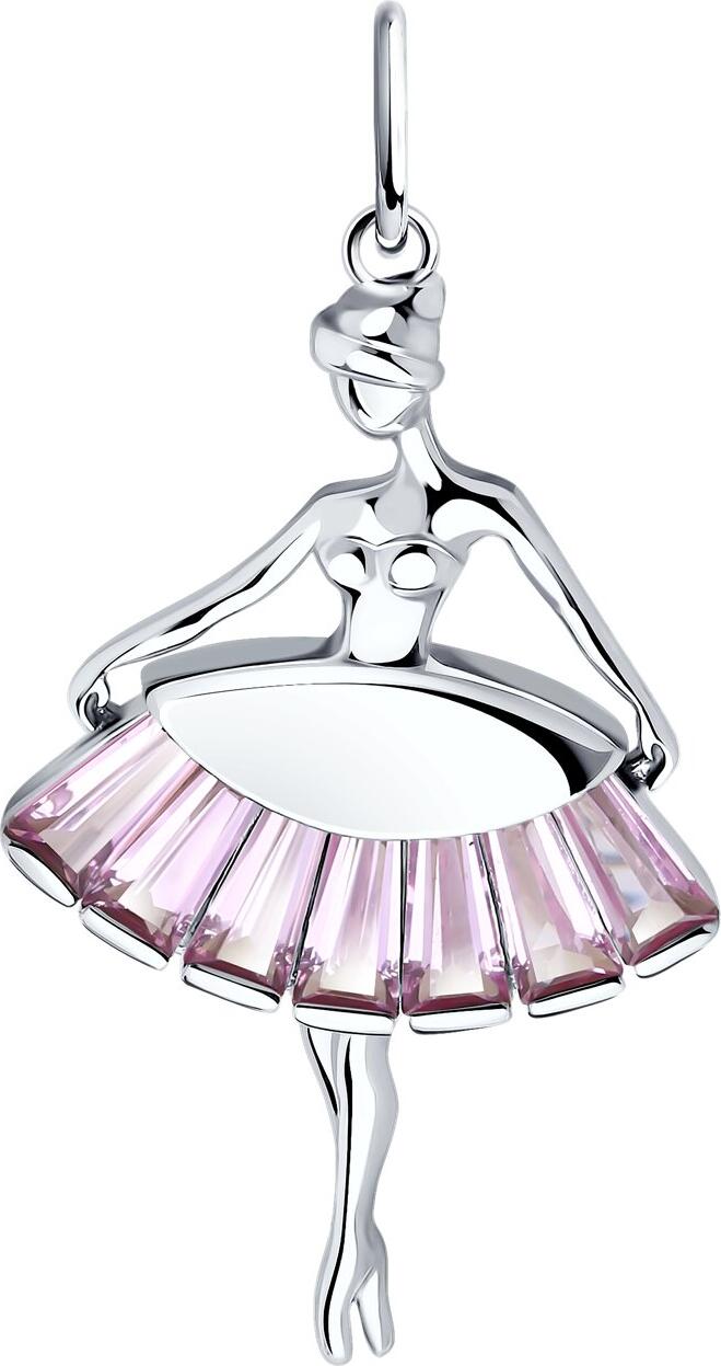 Pandantiv SOKOLOV 94032833 pentru femei, Argint 925 placat cu rodiu, Inserturi Corund roz formă val (7 buc, 1.4 ct), Design Figură de Balerină, 34x17x4 mm