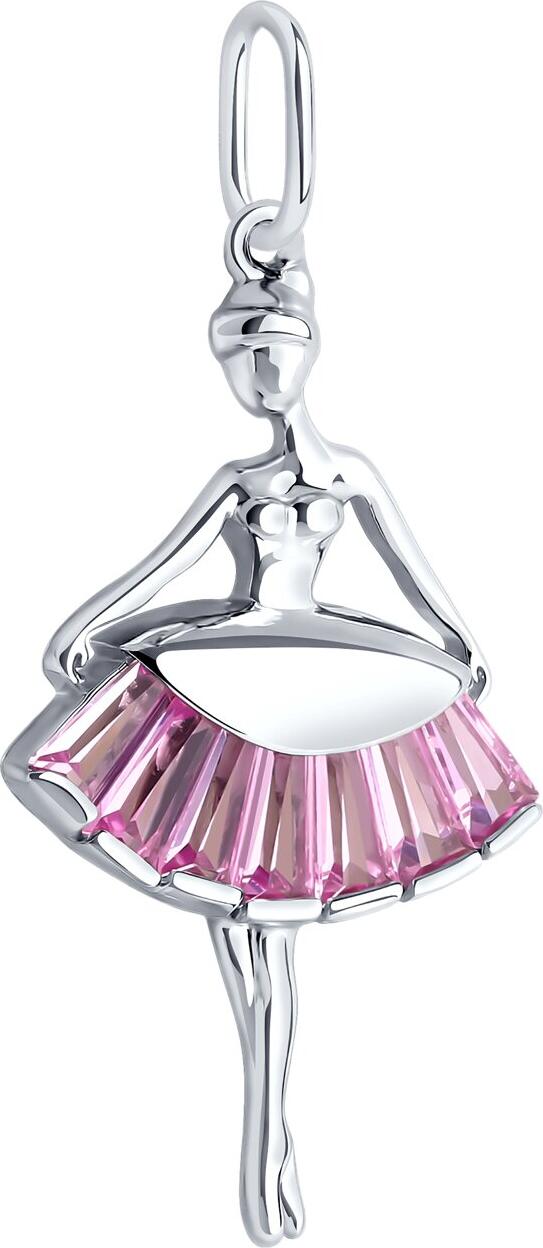 Pandantiv SOKOLOV 94032833 pentru femei, Argint 925 placat cu rodiu, Inserturi Corund roz formă val (7 buc, 1.4 ct), Design Figură de Balerină, 34x17x4 mm