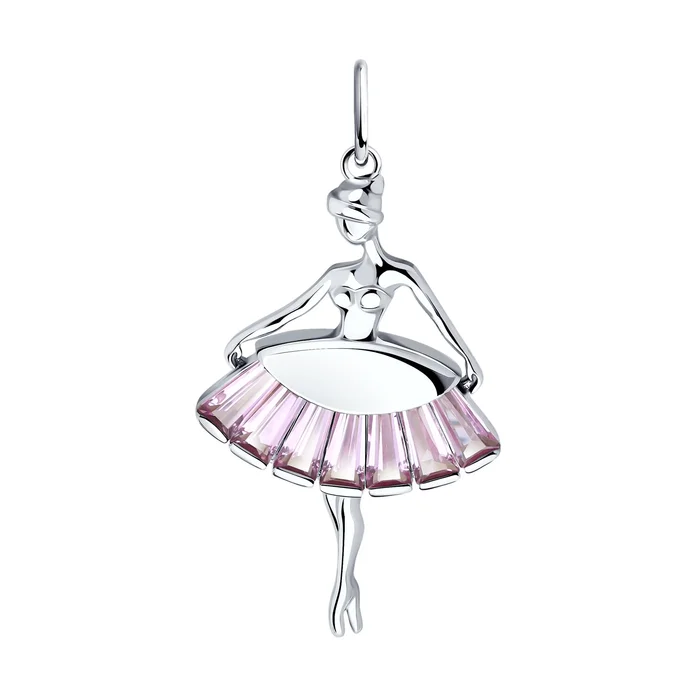 Pandantiv SOKOLOV 94032833 pentru femei, Argint 925 placat cu rodiu, Inserturi Corund roz formă val (7 buc, 1.4 ct), Design Figură de Balerină, 34x17x4 mm