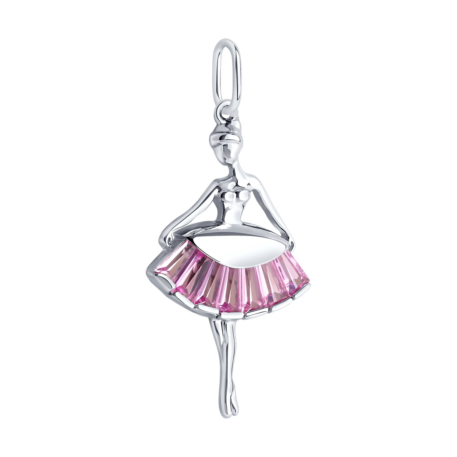Pandantiv SOKOLOV 94032833 pentru femei, Argint 925 placat cu rodiu, Inserturi Corund roz formă val (7 buc, 1.4 ct), Design Figură de Balerină, 34x17x4 mm