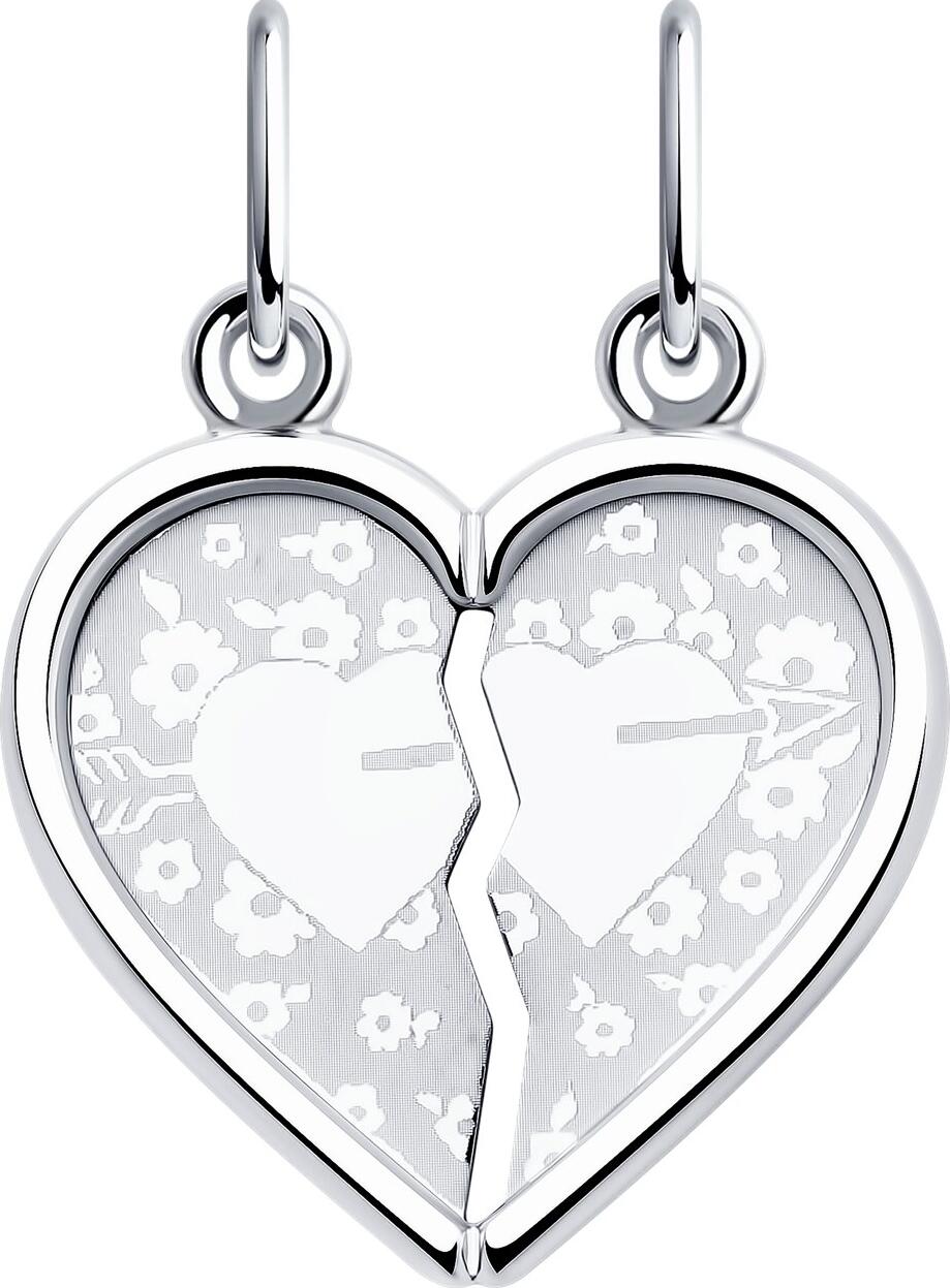 SOKOLOV 94100029 Women's Heart-Shaped Pendant, 925 Sterling Silver with Rhodium Plating, Split Heart Design for Couples, Laser Engraved Arrow and Floral Motifs