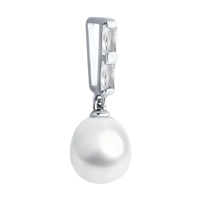 SOKOLOV 92030790 Women's Jewelry, 925 Sterling Silver Rhodium Plated with Pearl and Baguette Cubic Zirconia, Colorless, 1.14g, 8x8x21 mm