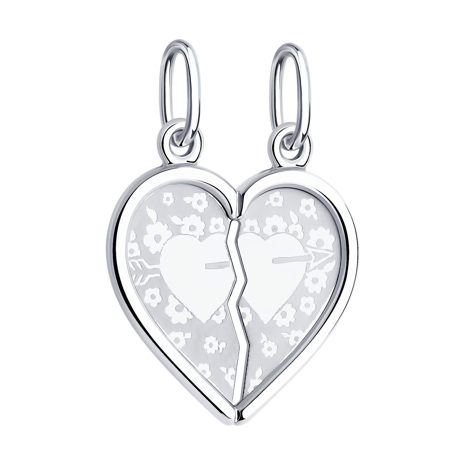 SOKOLOV 94100029 Women's Heart-Shaped Pendant, 925 Sterling Silver with Rhodium Plating, Split Heart Design for Couples, Laser Engraved Arrow and Floral Motifs