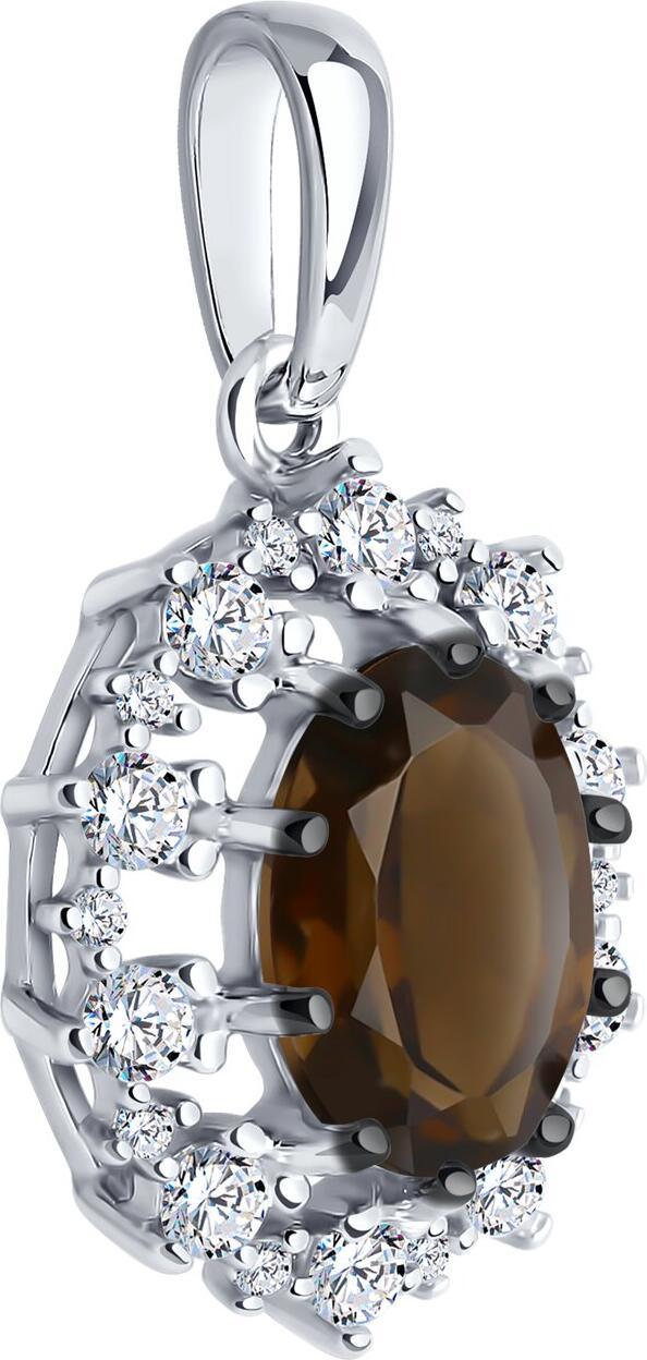 Diamant 94-330-02042-4 Bijuterie pentru femei din argint 925 placat cu rodiu, cu cuarț fumuriu rotund și zirconii incolore, 1.87g, 23x13x6mm