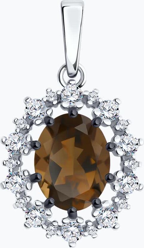 Diamant 94-330-02042-4 Bijuterie pentru femei din argint 925 placat cu rodiu, cu cuarț fumuriu rotund și zirconii incolore, 1.87g, 23x13x6mm