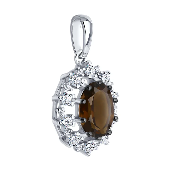 Diamant 94-330-02042-4 Bijuterie pentru femei din argint 925 placat cu rodiu, cu cuarț fumuriu rotund și zirconii incolore, 1.87g, 23x13x6mm