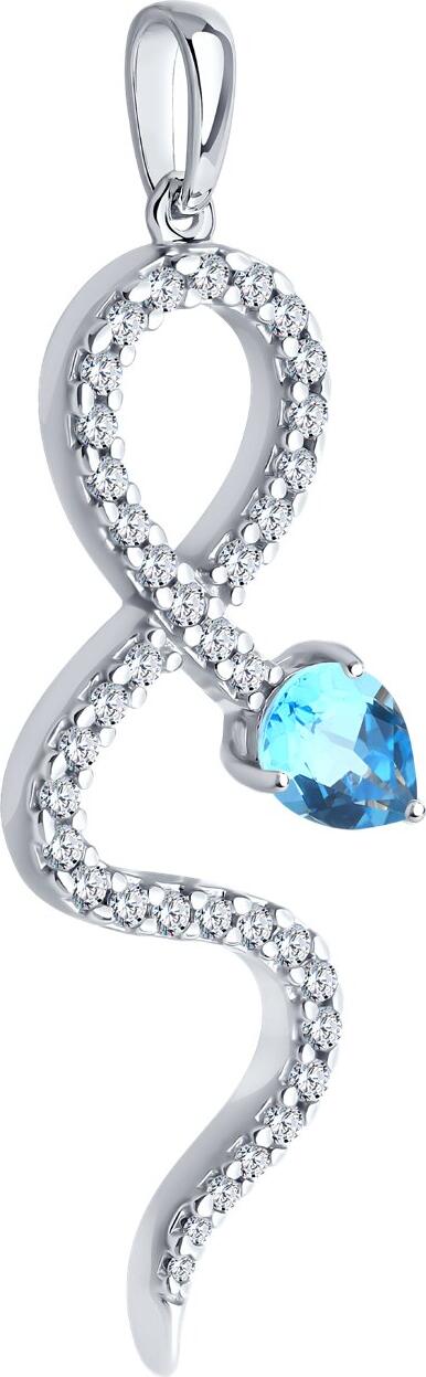 SOKOLOV 92030772 Bijuterie Damă din Argint 925 Placată cu Rodiu, cu Topaz Albastru Tăietură Pear și Zirconii Cubice, Design Serpent, 46x15x4 mm