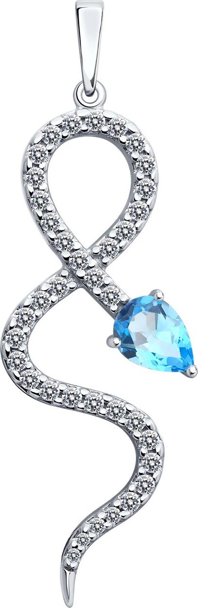 SOKOLOV 92030772 Bijuterie Damă din Argint 925 Placată cu Rodiu, cu Topaz Albastru Tăietură Pear și Zirconii Cubice, Design Serpent, 46x15x4 mm