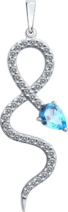 SOKOLOV 92030772 Bijuterie Damă din Argint 925 Placată cu Rodiu, cu Topaz Albastru Tăietură Pear și Zirconii Cubice, Design Serpent, 46x15x4 mm