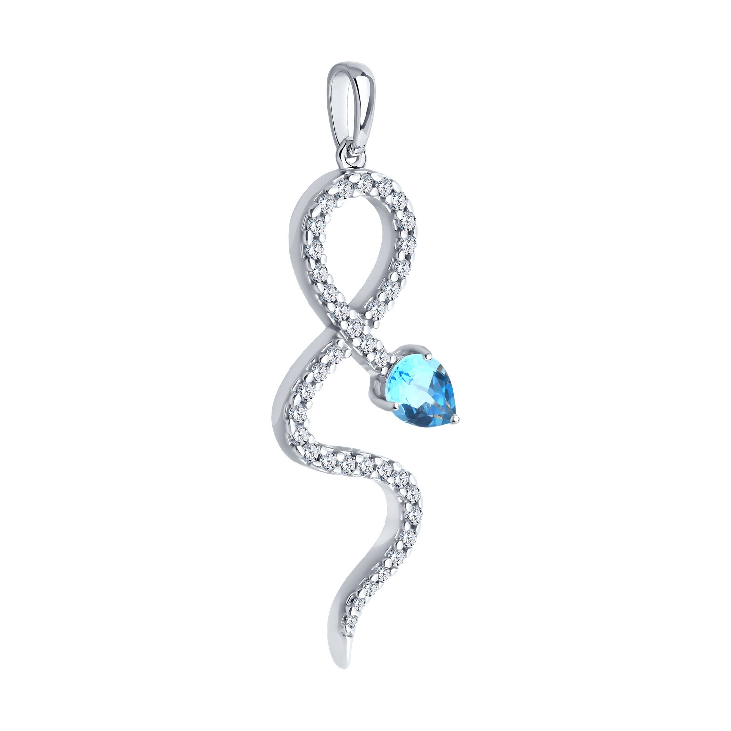 SOKOLOV 92030772 Bijuterie Damă din Argint 925 Placată cu Rodiu, cu Topaz Albastru Tăietură Pear și Zirconii Cubice, Design Serpent, 46x15x4 mm