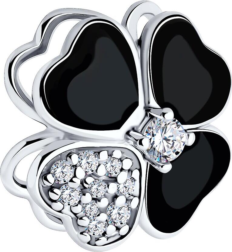 Diamant 94-130-01829-1 Women's Four-Leaf Clover Jewelry, 925 Sterling Silver Rhodium Plated with Black Enamel and Round Cubic Zirconia 0.48 ct, 13x13mm