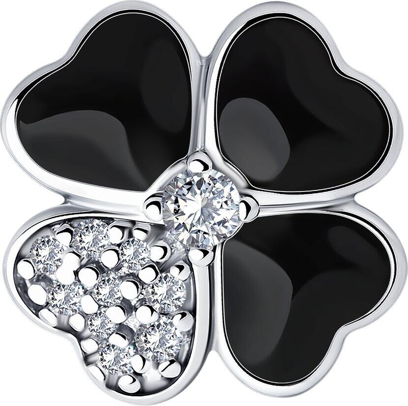 Diamant 94-130-01829-1 Women's Four-Leaf Clover Jewelry, 925 Sterling Silver Rhodium Plated with Black Enamel and Round Cubic Zirconia 0.48 ct, 13x13mm