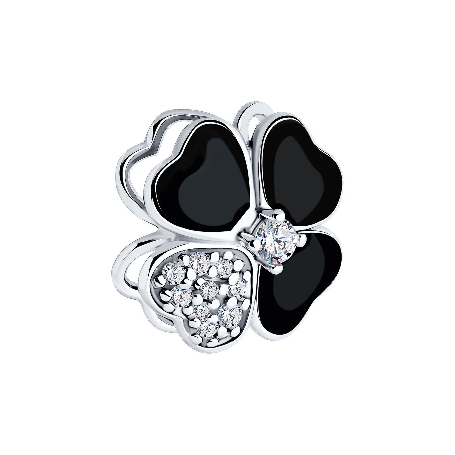 Diamant 94-130-01829-1 Women's Four-Leaf Clover Jewelry, 925 Sterling Silver Rhodium Plated with Black Enamel and Round Cubic Zirconia 0.48 ct, 13x13mm