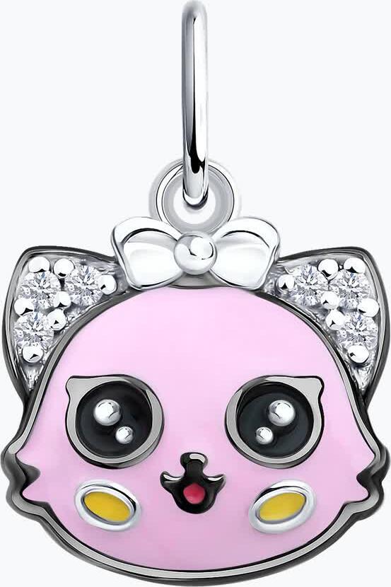 Diamant 94-130-00097-1 Children's Animal Face Pendant with Bow, 925 Rhodium-Plated Silver, Pink Enamel, Round Cubic Zirconia 0.48 ct, 18x11x3 mm