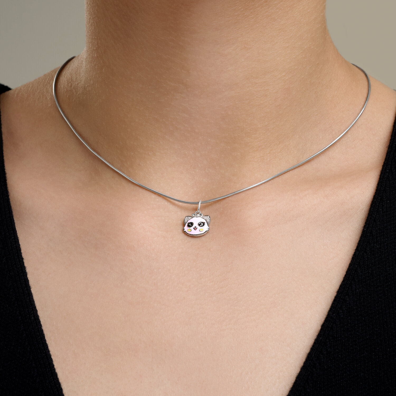 Diamant 94-130-00097-1 Children's Animal Face Pendant with Bow, 925 Rhodium-Plated Silver, Pink Enamel, Round Cubic Zirconia 0.48 ct, 18x11x3 mm