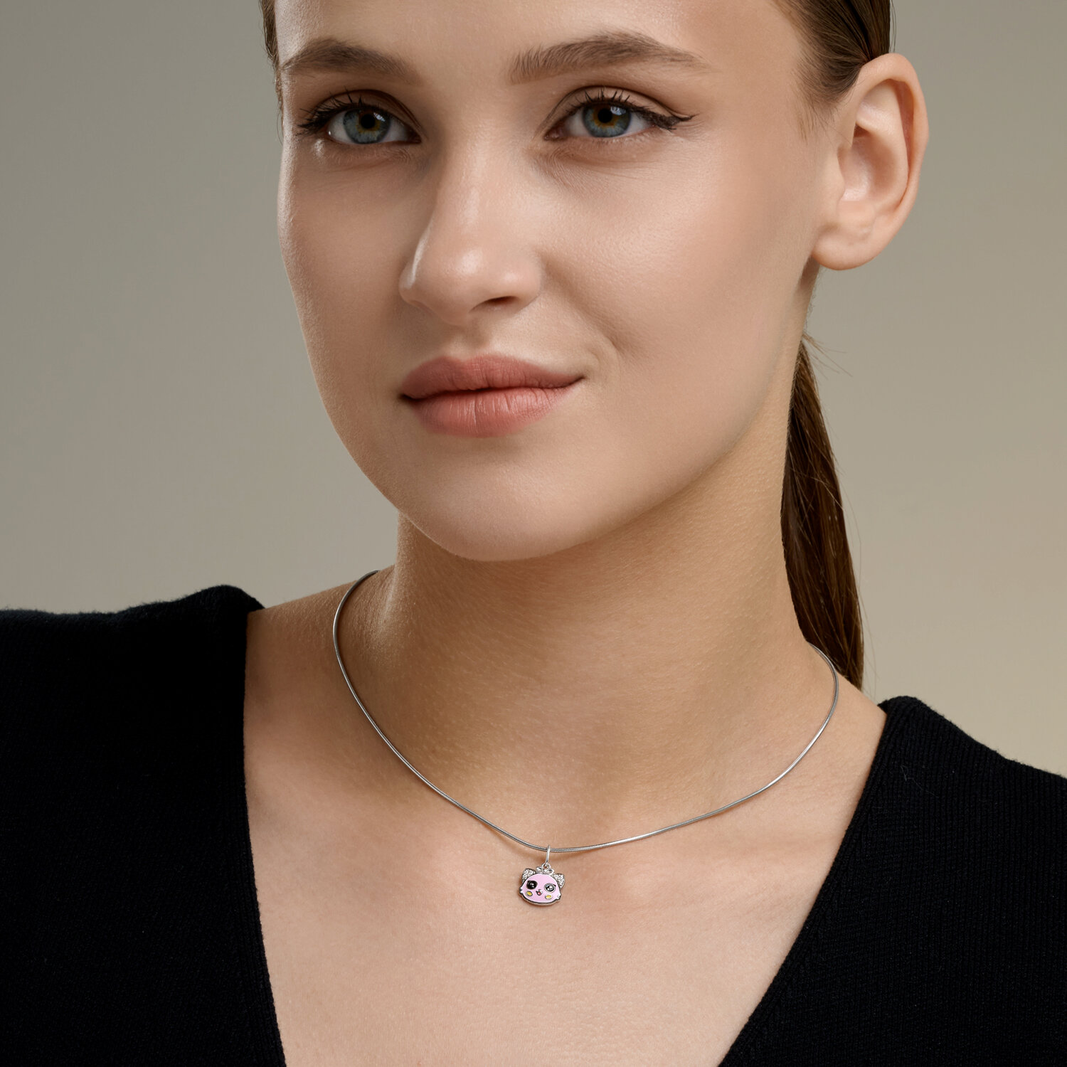 Diamant 94-130-00097-1 Children's Animal Face Pendant with Bow, 925 Rhodium-Plated Silver, Pink Enamel, Round Cubic Zirconia 0.48 ct, 18x11x3 mm