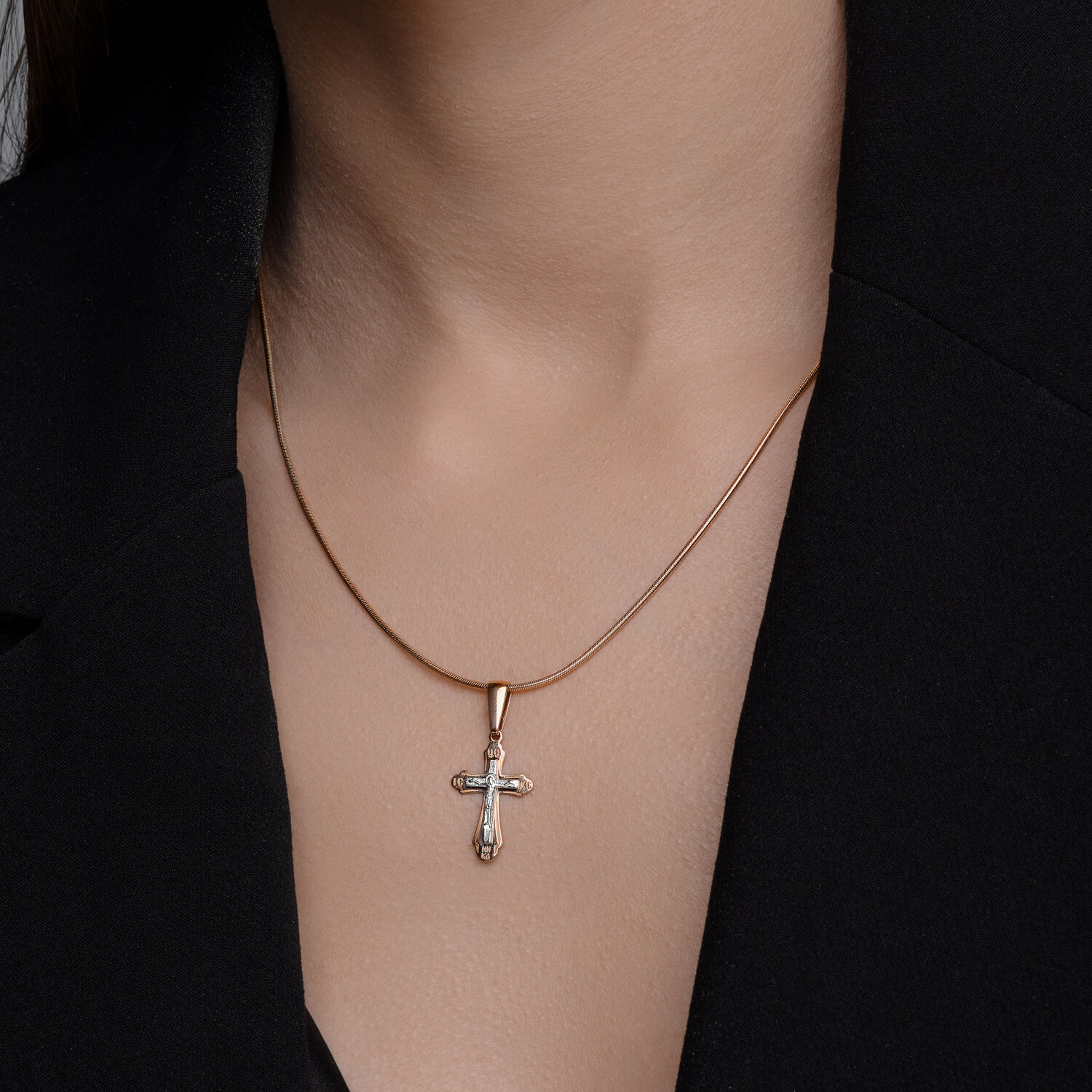 Pandantiv Cruce Ortodoxă Diamant Colecția Blagovest 51-131-02792-1, Aur Roșu 585, Design Bicolor cu Inscripție pe Spate, 29mm x 13mm, 1.19g