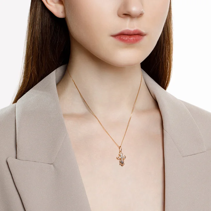 Pandantiv Crucifixe Ortodox Diamant Blagovest pentru femei, Aur Combinat Galben și Alb 585, Placare Rodiu, 0.79g, Inscripție 'Salvează și Protejează', 51-131-02828-1