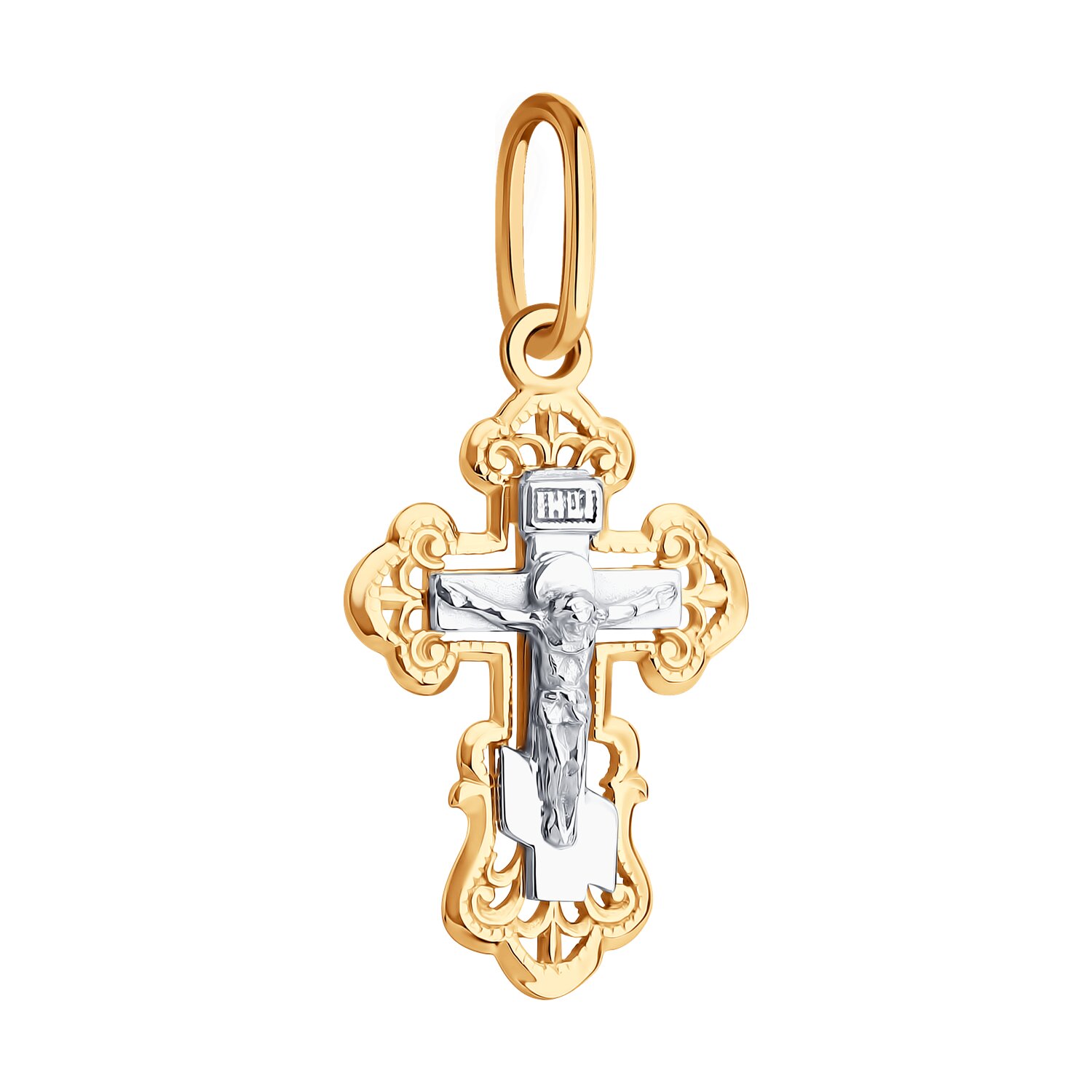 Pandantiv Crucifixe Ortodox Diamant Blagovest pentru femei, Aur Combinat Galben și Alb 585, Placare Rodiu, 0.79g, Inscripție 'Salvează și Protejează', 51-131-02828-1