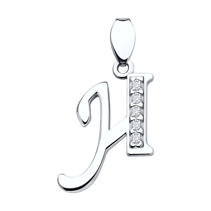 SOKOLOV Letter H Pendant for Women, 925 Rhodium-plated Silver with Colorless Round Cubic Zirconia, Article 94030453, Weight 0.79g