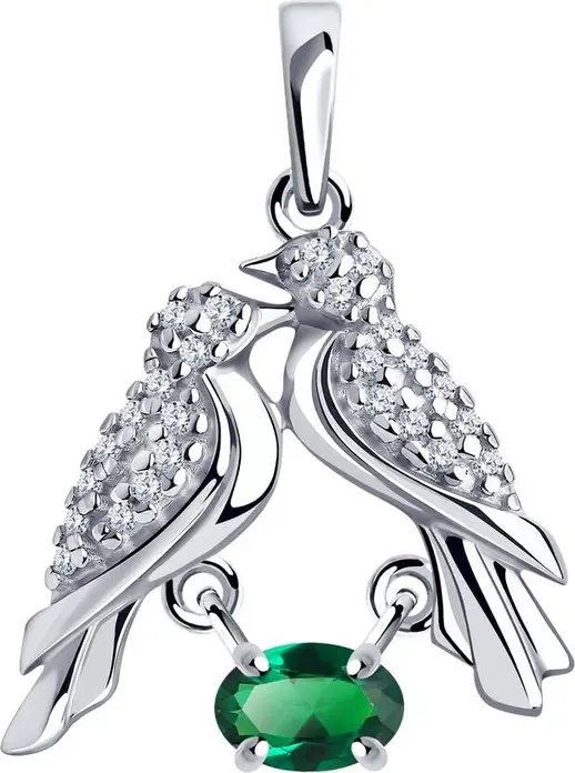 Pandant Diamant 94-130-00539-1 din Argint pentru Femei cu Design Două Păsări și Piatră Ovală Verde din Zirconiu Cubic, 1.80g, 24x18x4 mm