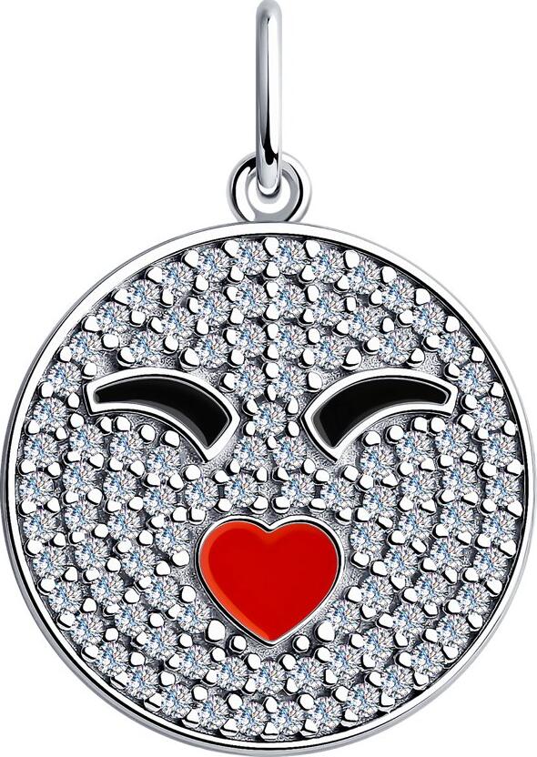 Pandantiv Diamant 94-130-01054-1 pentru femei din argint rodiat, design smiley circular cu buze inima din email roșu și zirconiu, 24x17x4 mm