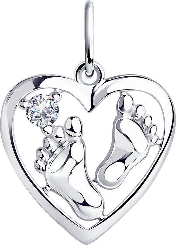 Diamant Silver 925 Heart Pendant with Baby Footprints and Colorless Cubic Zirconia 2.5mm, Women's Jewelry, Art. 94-130-01161-1, Dimensions 19x14x4 mm