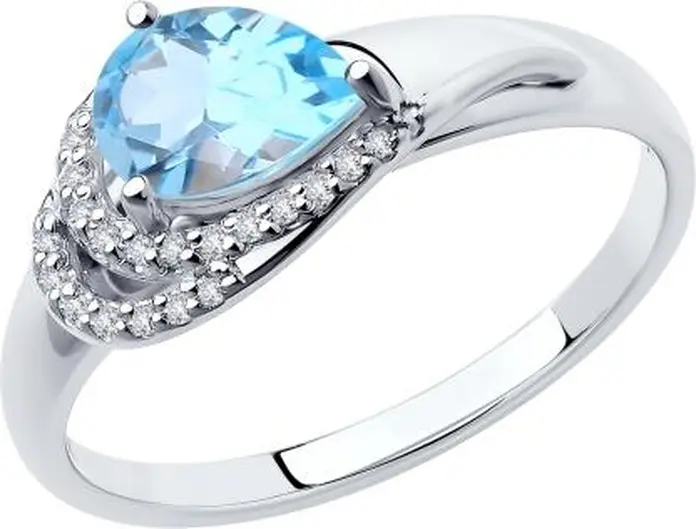 Женское серебряное кольцо Diamant 94-310-00548-1, размер 18.5, с топазом формы «груша» 7x5 мм и круглыми бесцветными фианитами (кубическим цирконием), 1.51 г