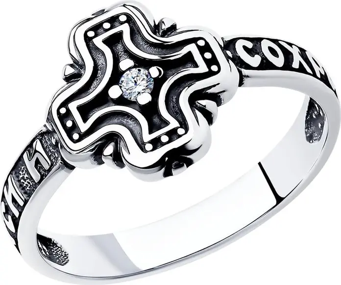 Inel femei Diamant 95-110-00950-1 din argint oxidat, mărime 20, design în formă de cruce cu piatră rotundă Cubic Zirconia, dimensiuni 10x11mm