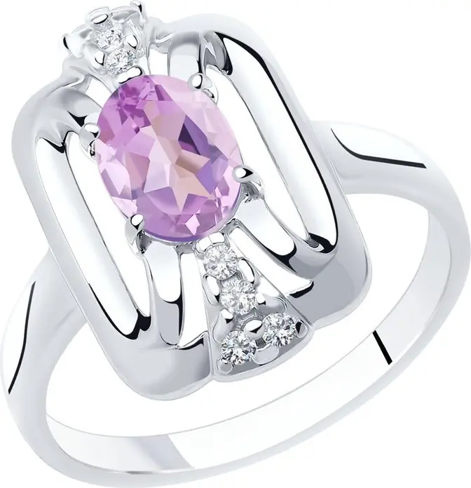 Diamant Women's Silver Ring 94-310-00688-2, Size 16.5, with Oval Cut Amethyst 7x5mm and 8 Round Cubic Zirconia Inserts, 2.22g
