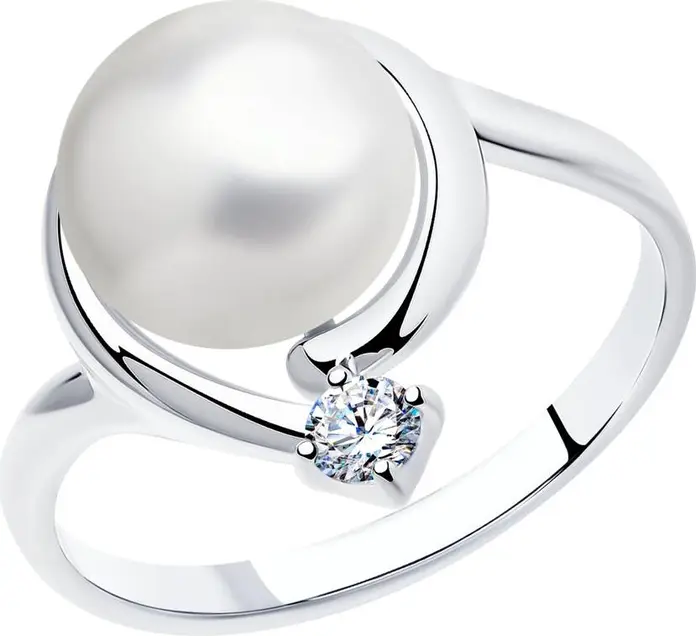 Женское серебряное кольцо Diamant 94-310-01111-1 с культивированным пресноводным жемчугом 9 мм и кубическим цирконием 3 мм, размер 18.5, 2.57 г