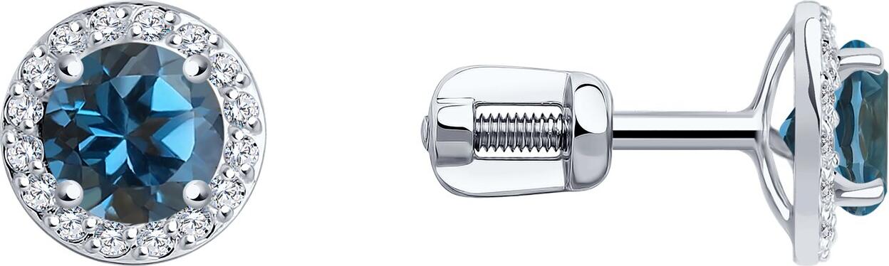 SOKOLOV 727996-3 Women's Stud Earrings in 585 White Gold with London Blue Topaz and Cubic Zirconia, Rhodium Plated, 1.58g, 8x5x8 mm